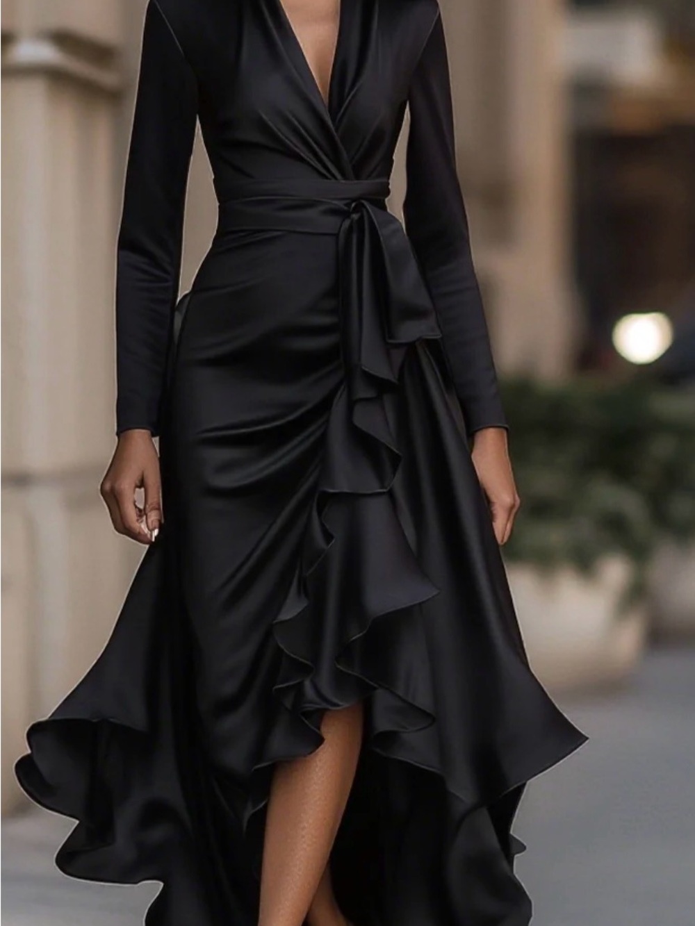 Elegant Black Wrap Satin Dress with Ruffle Hem